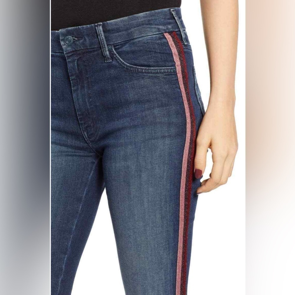 Mother high waisted glitter kitty jeans pink purple red stripes size 27